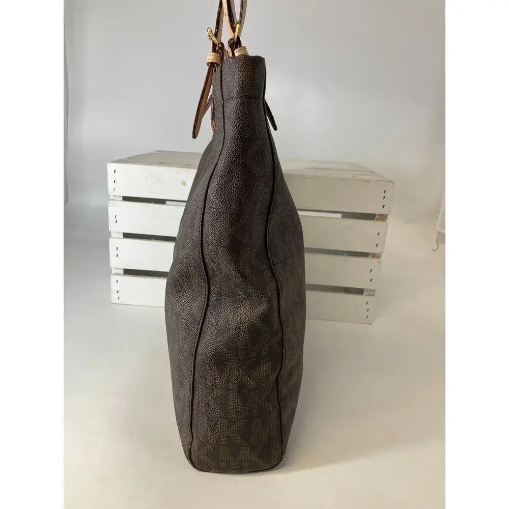 MICHAEL KORS, LARGE BROWN SIGNATURE PRINT PVC SHOULDER BAG